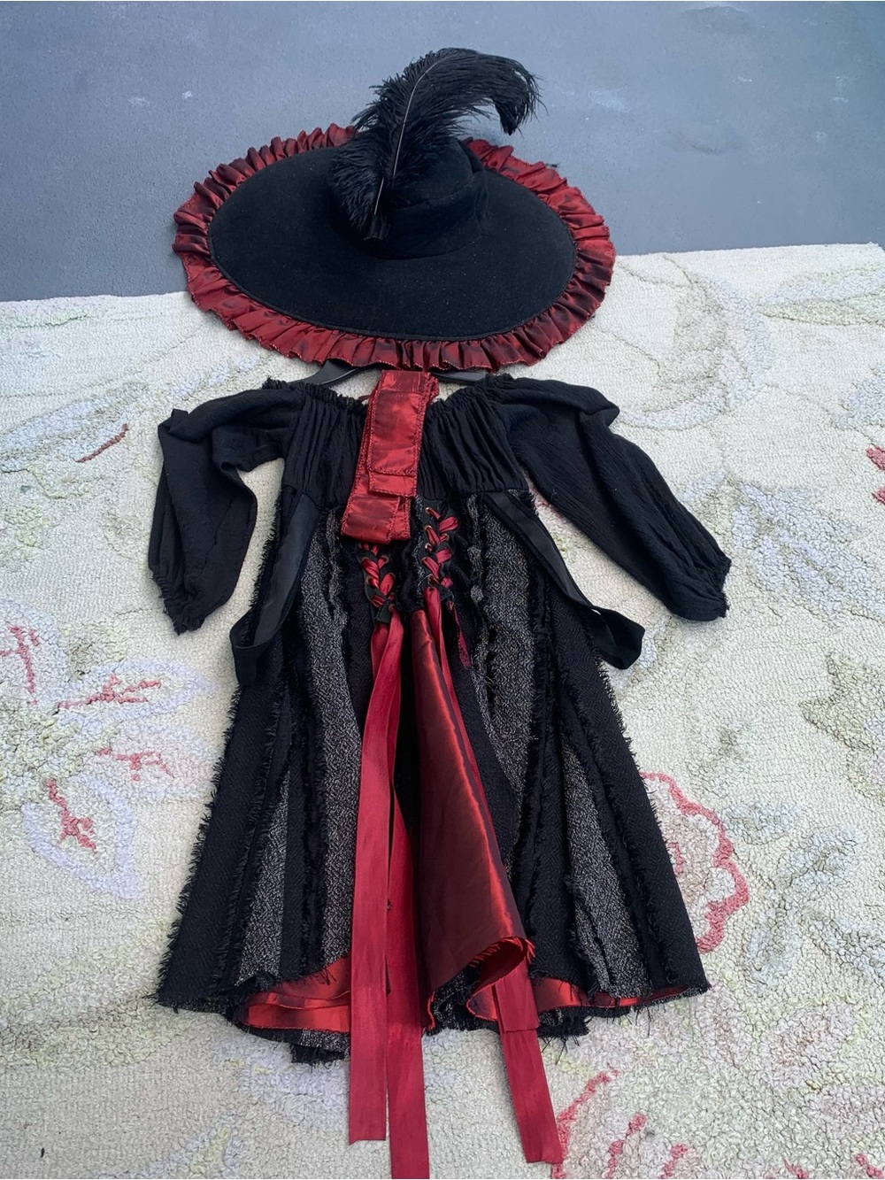 Kids Deluxe Gothic Witch Costume Set Black & Red Dress with Feathered Hat